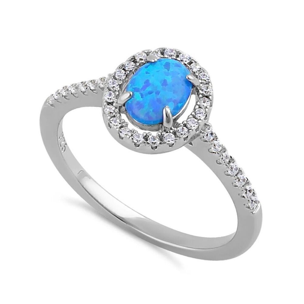 New Sterling Silver Blue Lab Opal and Clear CZ Oval Halo Ring